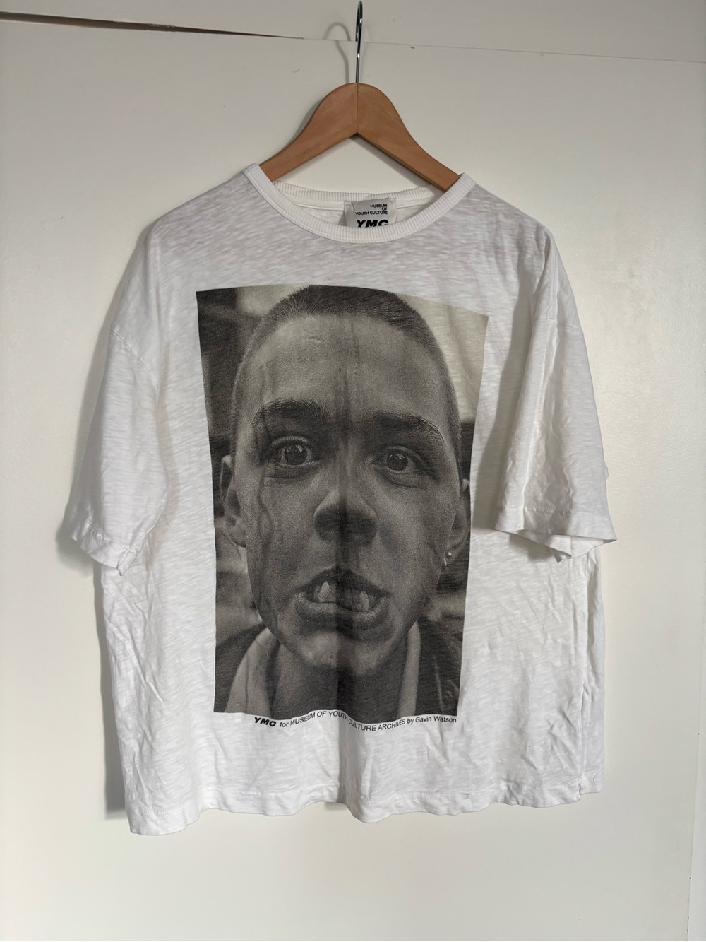 YMC White Short-Sleeve Tee with Large Monochrome Face Print
